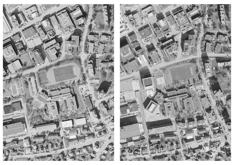 Erweiterungsneubauten Kantonsschule Limmattal, Urdorf – Öffnung des Inselcharakters (linke Aufnahme 2019) und klare Adressierung der Schule im städtischen Raum (rechte Aufnahme, 2025) – Igor Ponti